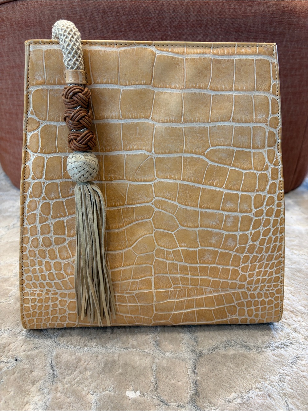 Sondra Roberts Tan Croc-Embossed Women’s Shoulder Bag with Tassel